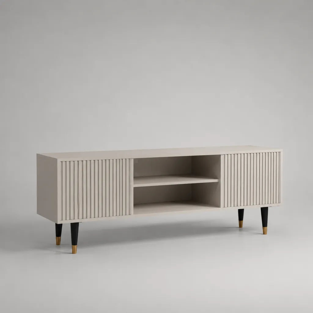 Mobile TV rettangolare in MDF con 2 ante e 2 vani, tortora, nero e ottone, 160 × 40 × 65 cm