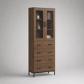 Credenza alta rettangolare in pannello truciolare e vetro, marrone noce e nero, 80 x 40 x 190 cm