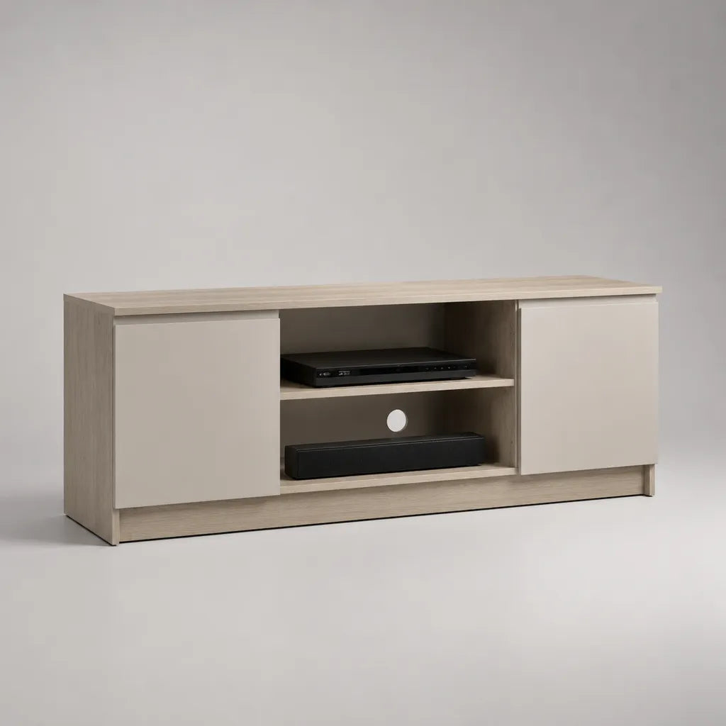 Mobile TV basso rettangolare in pannello truciolare melaminico, rovere chiaro e tortora, 120 × 40 × 50 cm