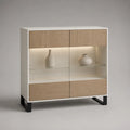 Credenza vetrina rettangolare in legno, metallo e vetro, bianco, rovere naturale e nero, 120 x 40 x 120 cm