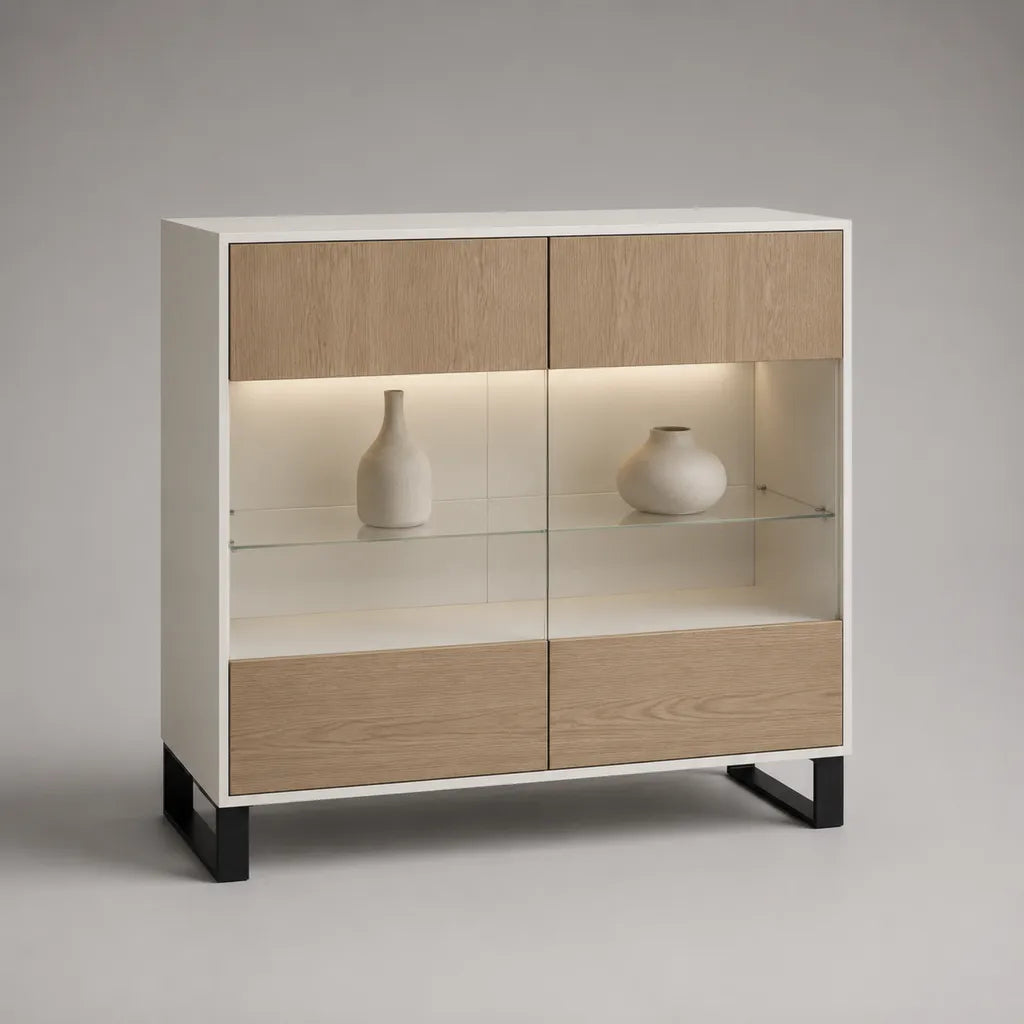 Credenza vetrina rettangolare in legno, metallo e vetro, bianco, rovere naturale e nero, 120 x 40 x 120 cm