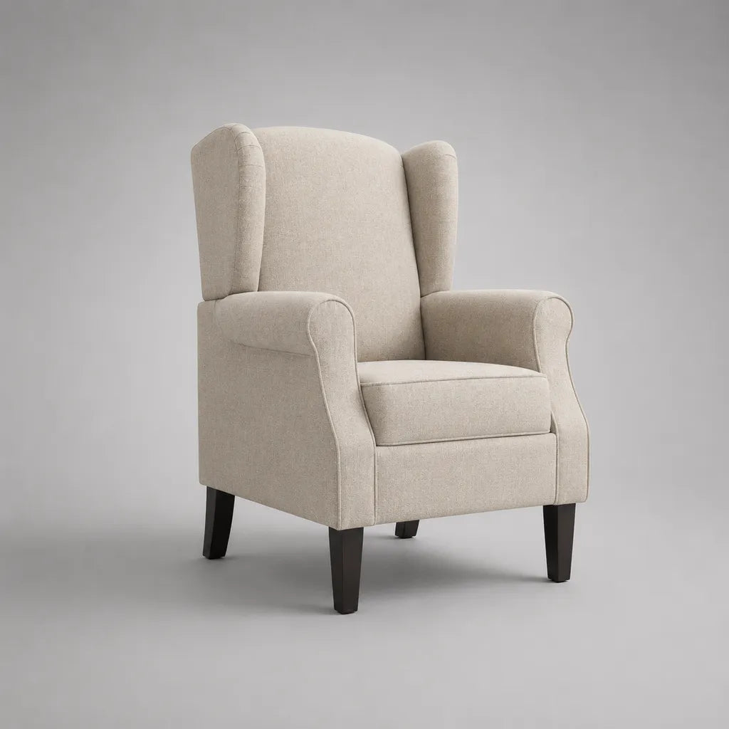 Poltrona a orecchioni in tessuto beige con schienale alto, 76 × 82 × 104 cm