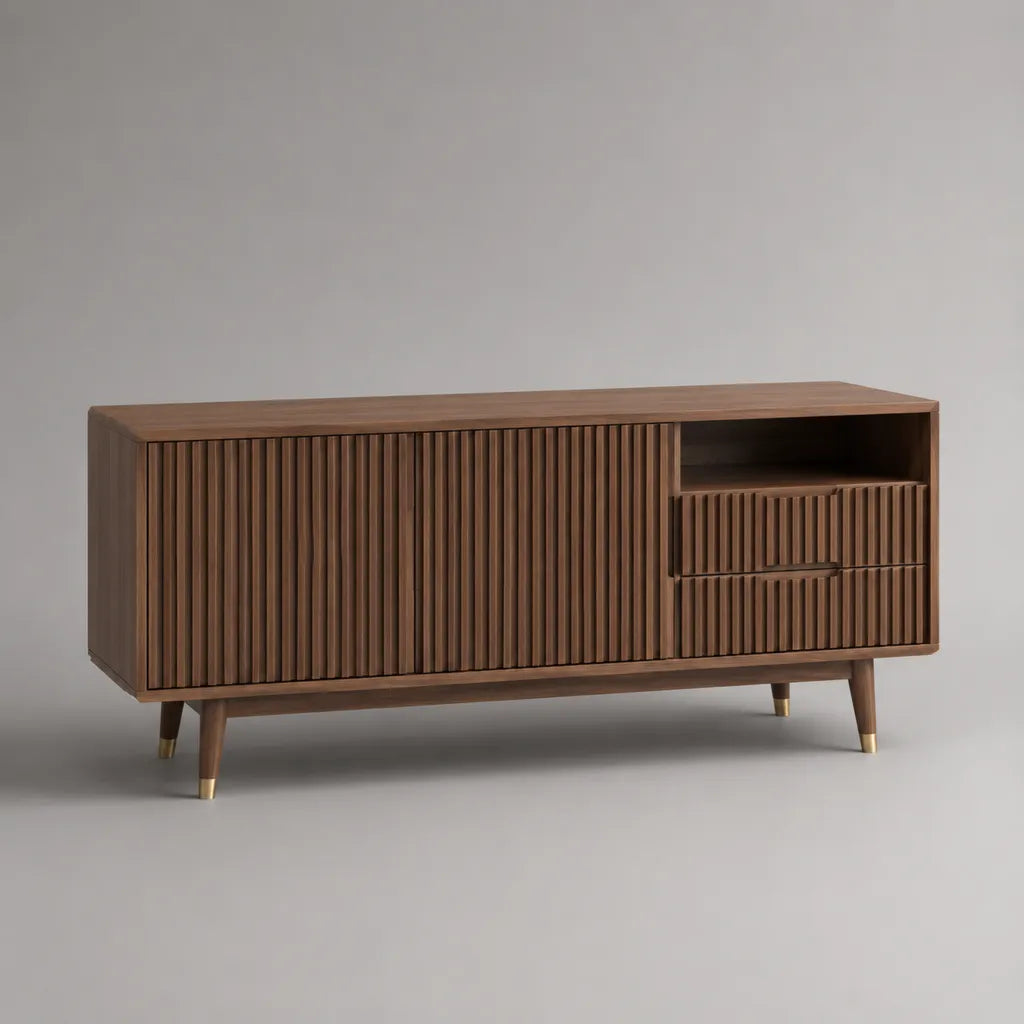 Mobile TV rettangolare in legno con 2 ante, 4 cassetti e vano aperto, marrone noce e ottone, 160 × 40 × 75 cm