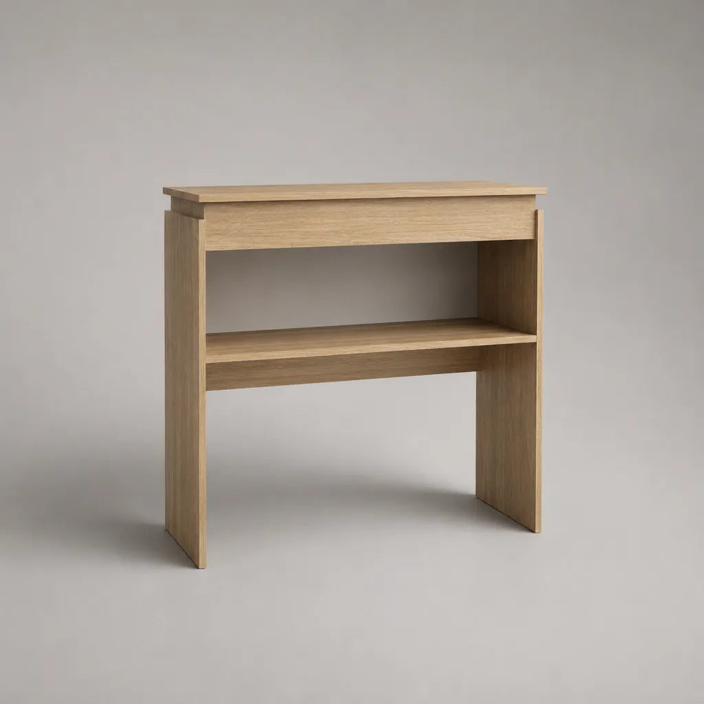 Consolle rettangolare in pannello truciolare effetto rovere naturale con cassetto e ripiano, 80 × 30 × 80 cm