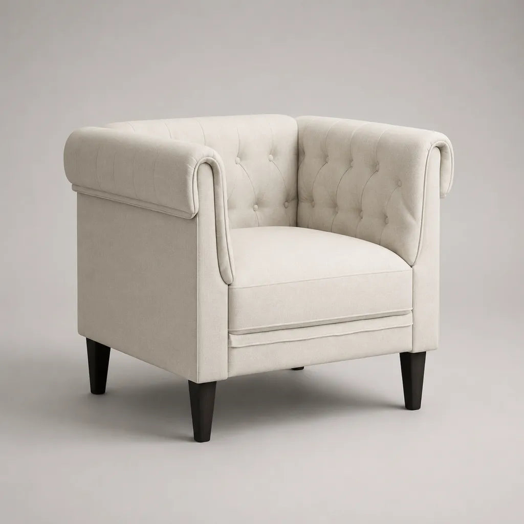 Poltrona quadrata imbottita in velluto di poliestere bianco crema con schienale capitonné, 88 × 82 × 76 cm