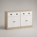 Credenza rettangolare in MDF e truciolare con 4 ante e 2 cassetti, bianco e rovere naturale, 140 x 40 x 90 cm