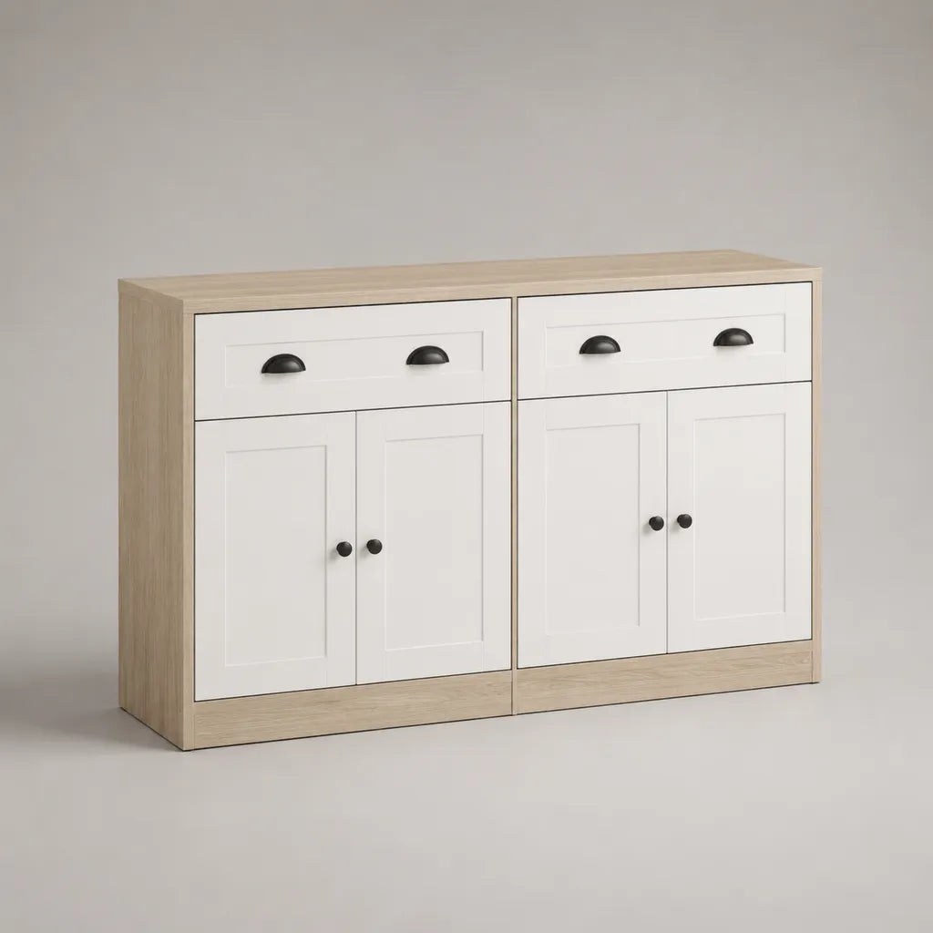 Credenza rettangolare in MDF e truciolare con 4 ante e 2 cassetti, bianco e rovere naturale, 140 x 40 x 90 cm