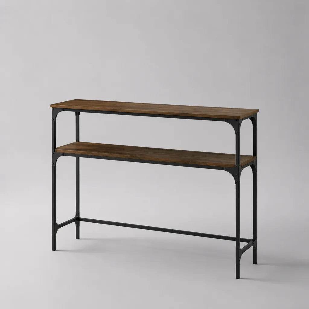 Consolle rettangolare a 2 ripiani in legno e acciaio, 120 x 35 x 90 cm, marrone e nero
