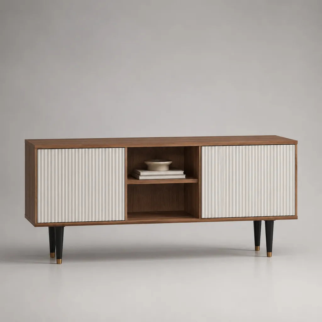 Mobile basso porta TV rettangolare in MDF e metallo con 2 ante scanalate e vano aperto, bianco e noce, 160 x 40 x 75 cm