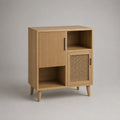 Credenza rettangolare in legno e rattan naturale con 2 ante e 2 vani aperti, rovere naturale e nero, 80 x 35 x 100 cm