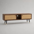Mobile porta TV rettangolare in legno, rattan e metallo marrone noce con 2 ante e vano passacavi, 150 x 40 x 58 cm