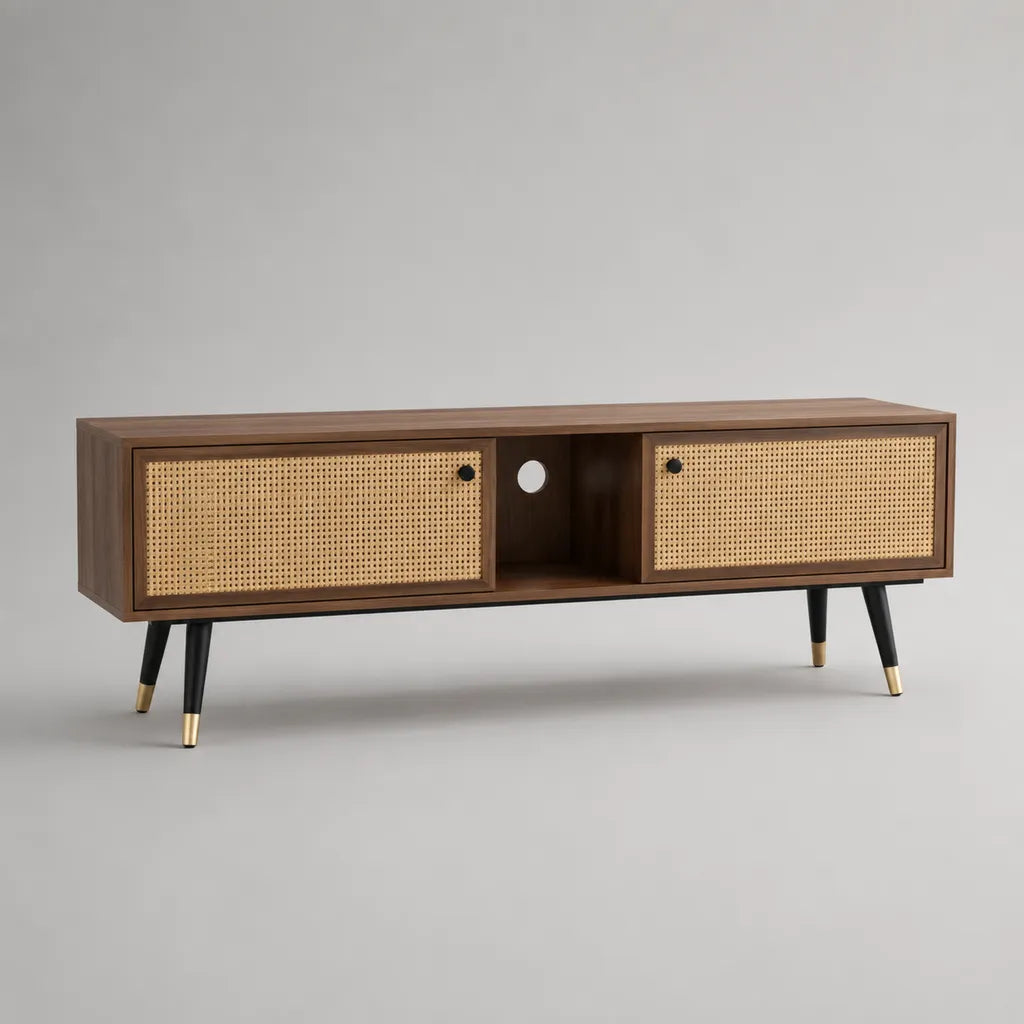 Mobile porta TV rettangolare in legno, rattan e metallo marrone noce con 2 ante e vano passacavi, 150 x 40 x 58 cm