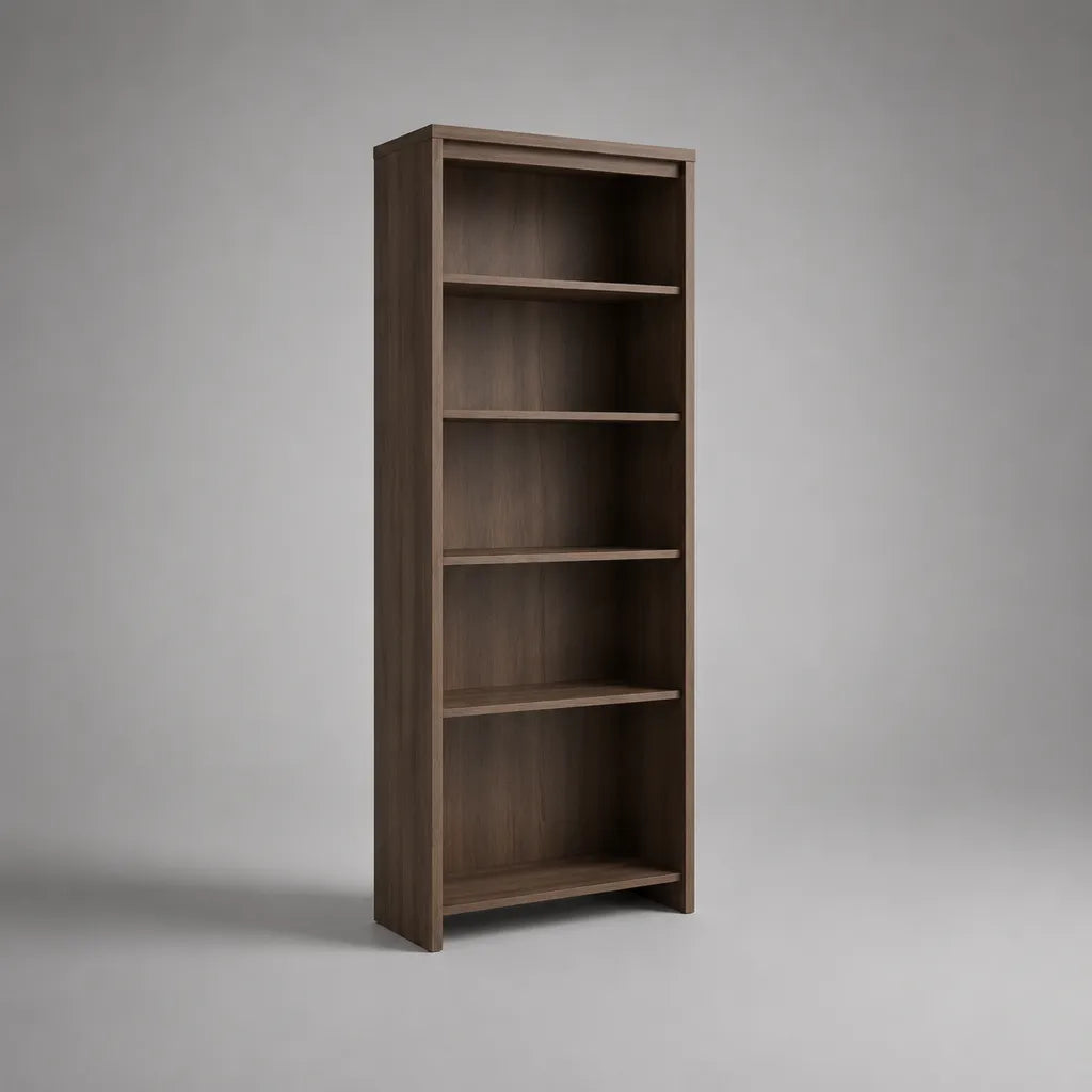 Libreria alta rettangolare in MDF marrone scuro con 4 ripiani e 5 vani aperti, 80 × 30 × 190 cm