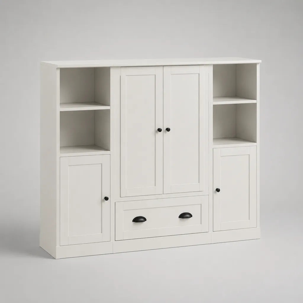 Credenza buffet rettangolare in MDF bianco e nero con 4 ante, 4 vani a giorno e 1 cassetto, 140 × 40 × 120 cm