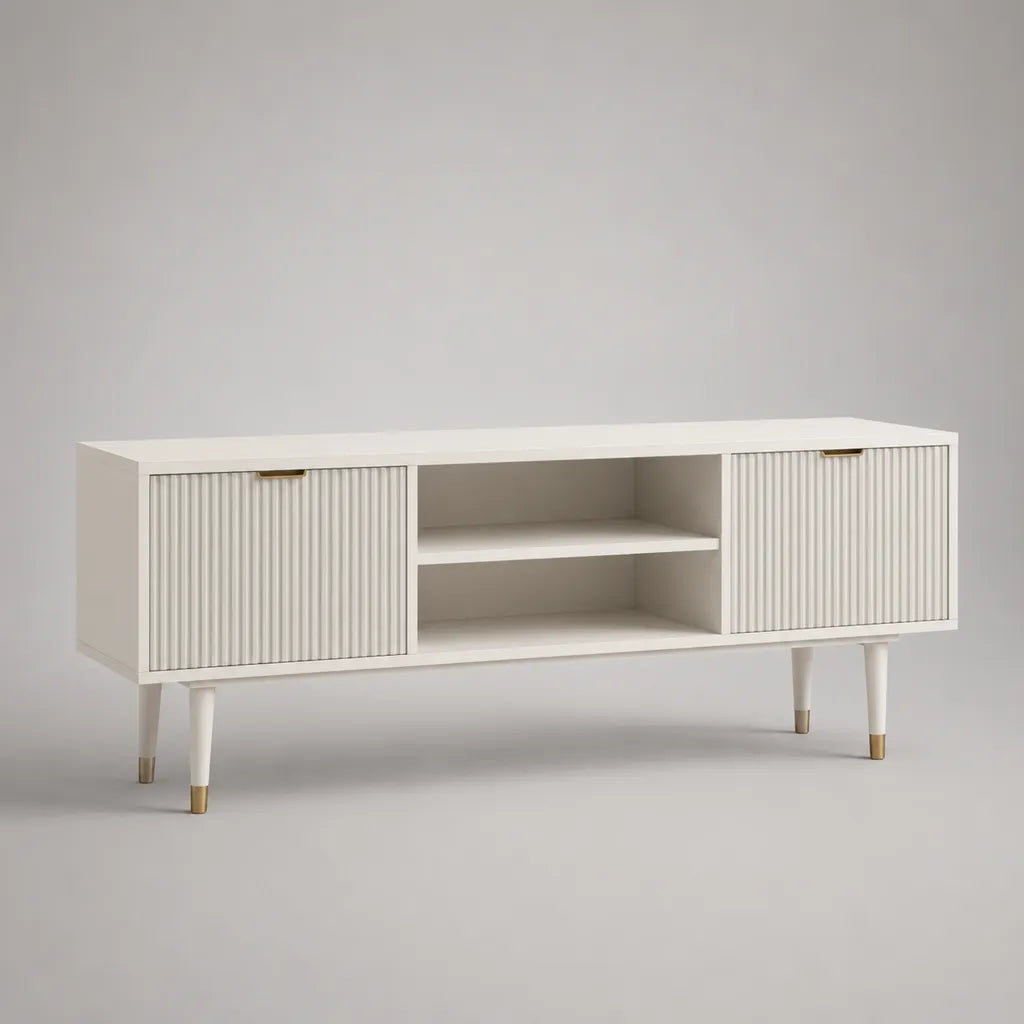 Mobile porta TV rettangolare bianco e oro in MDF con 2 ante scanalate e 2 vani aperti, 140 x 40 x 70 cm