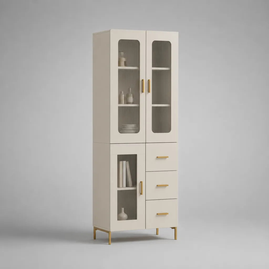 Credenza alta avorio con vetrina, 3 ante e 3 cassetti in pannello melaminico, vetro e acciaio, 80 × 40 × 180 cm
