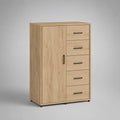 Credenza alta in legno con 1 anta e 5 cassetti, rovere naturale e nero, 100 x 40 x 140 cm