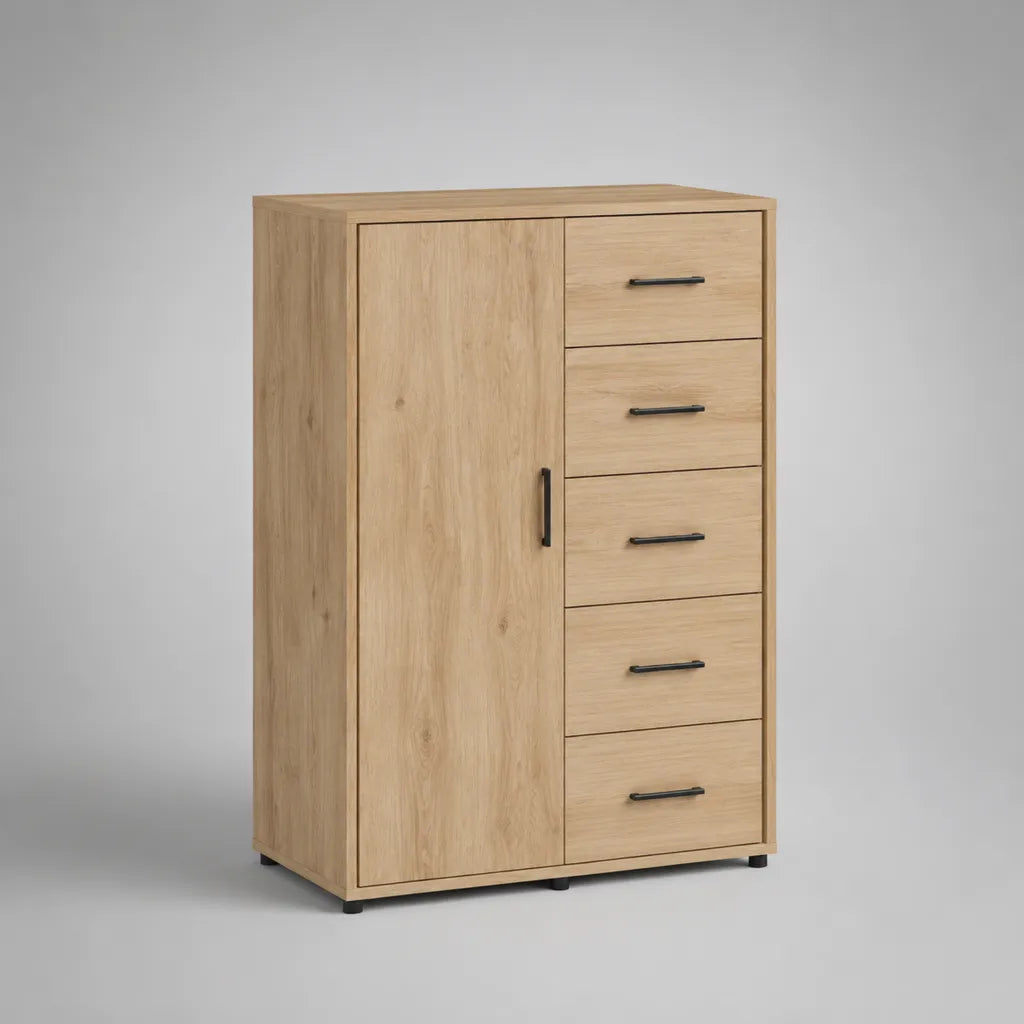 Credenza alta in legno con 1 anta e 5 cassetti, rovere naturale e nero, 100 x 40 x 140 cm