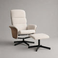 Poltrona relax reclinabile e girevole con poggiapiedi, rivestimento in tessuto bouclé avorio, 78 x 84 x 105 cm