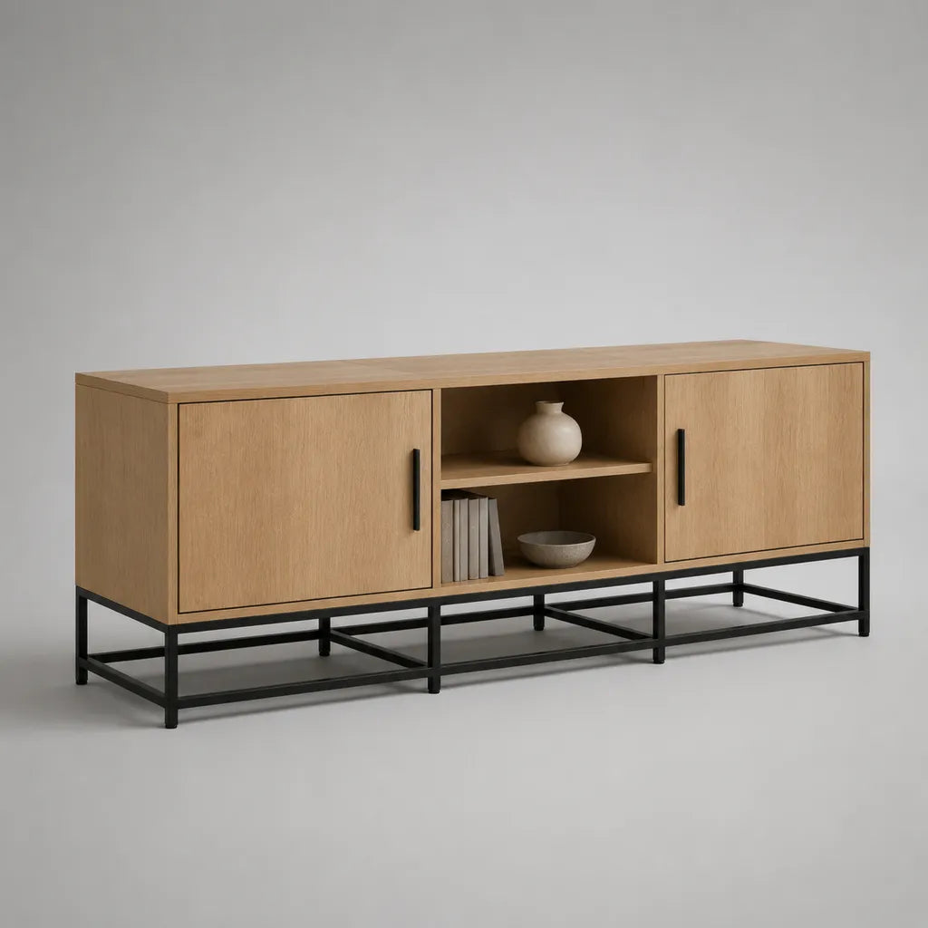 Mobile TV rettangolare in legno e metallo con 2 ante e 2 vani aperti, rovere naturale e nero, 160 × 40 × 70 cm