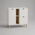 Credenza contenitore in MDF con 3 ante e 2 vani aperti, bianco e rovere naturale, 100 x 40 x 100 cm