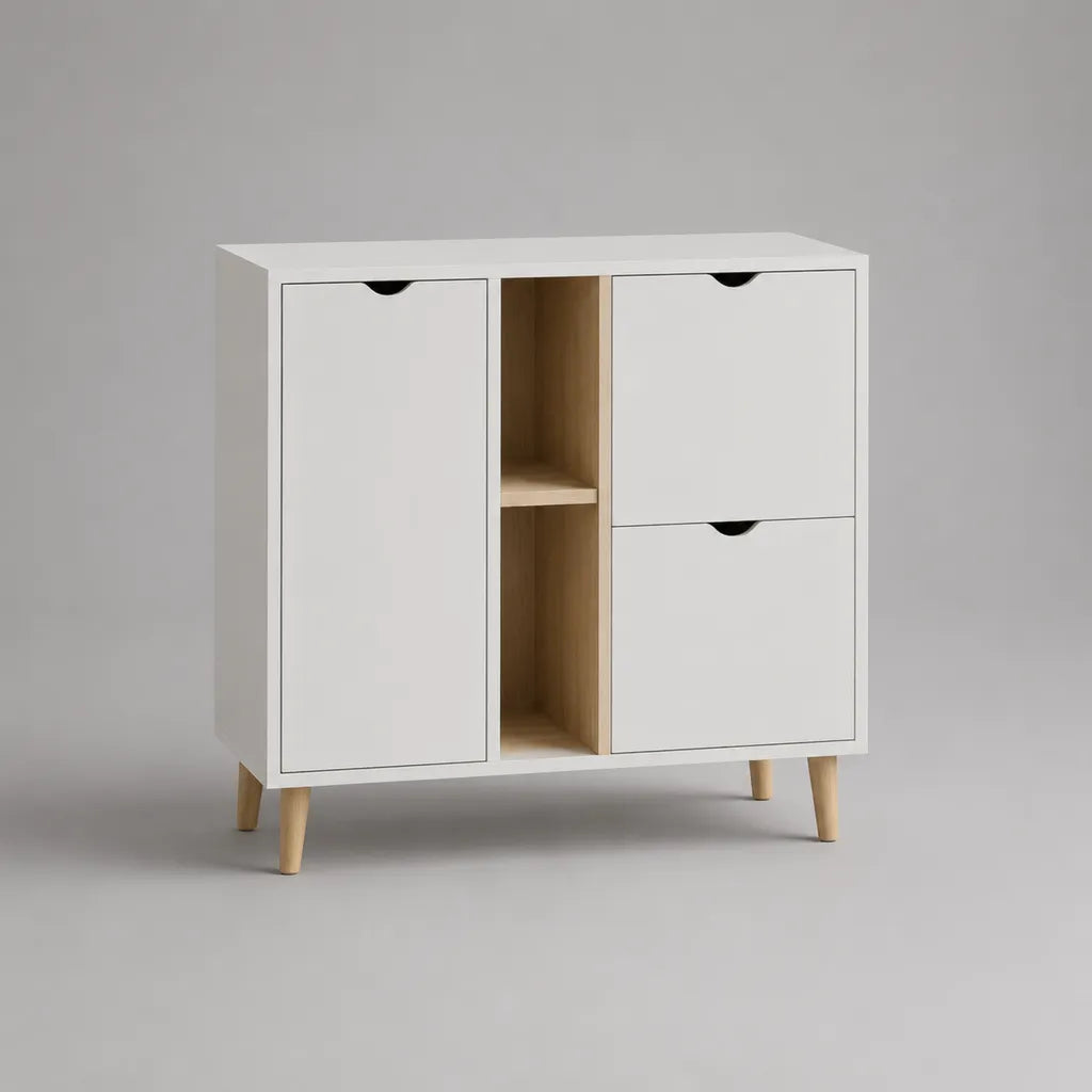 Credenza contenitore in MDF con 3 ante e 2 vani aperti, bianco e rovere naturale, 100 x 40 x 100 cm