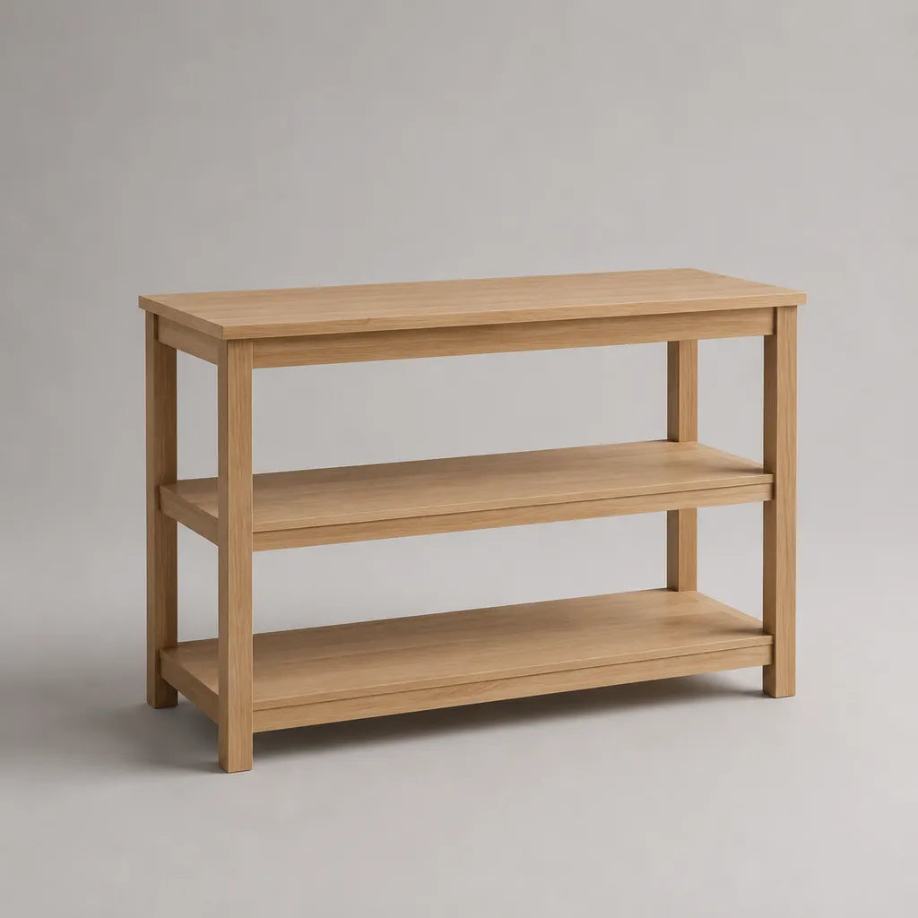 Consolle rettangolare in legno, rovere naturale, 100 × 35 × 80 cm, con 2 ripiani
