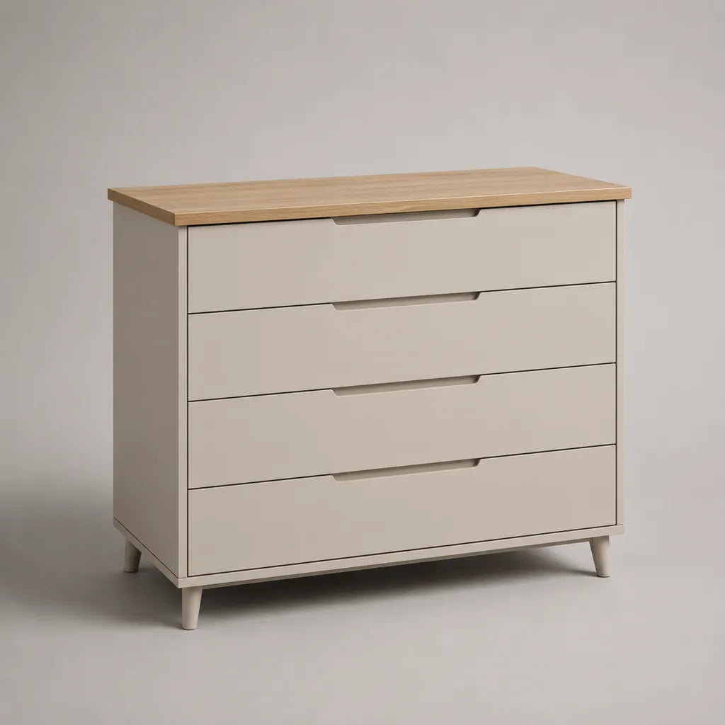 Cassettiera bassa in legno a 4 cassetti, tortora e rovere naturale, 80 × 40 × 80 cm