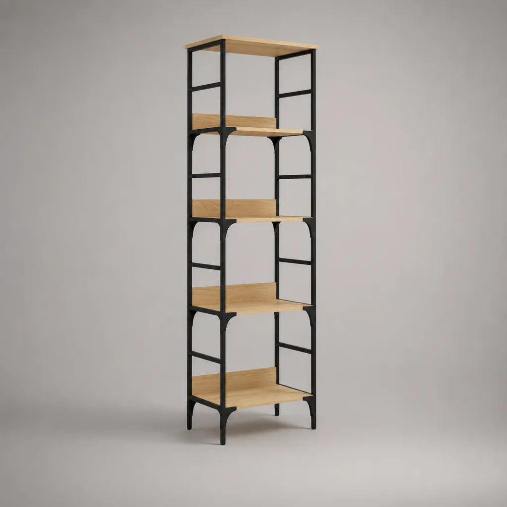 Libreria rettangolare a 5 ripiani in pannello truciolare e acciaio, rovere naturale e nero, 60 x 35 x 180 cm