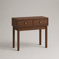 Consolle rettangolare in MDF impiallacciato noce con 2 cassetti, marrone e ottone, 80 x 35 x 80 cm
