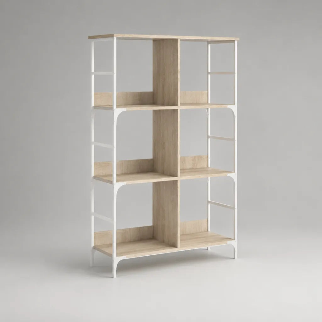 Libreria a 6 vani in legno e metallo, rovere chiaro e bianco, 120 × 30 × 180 cm